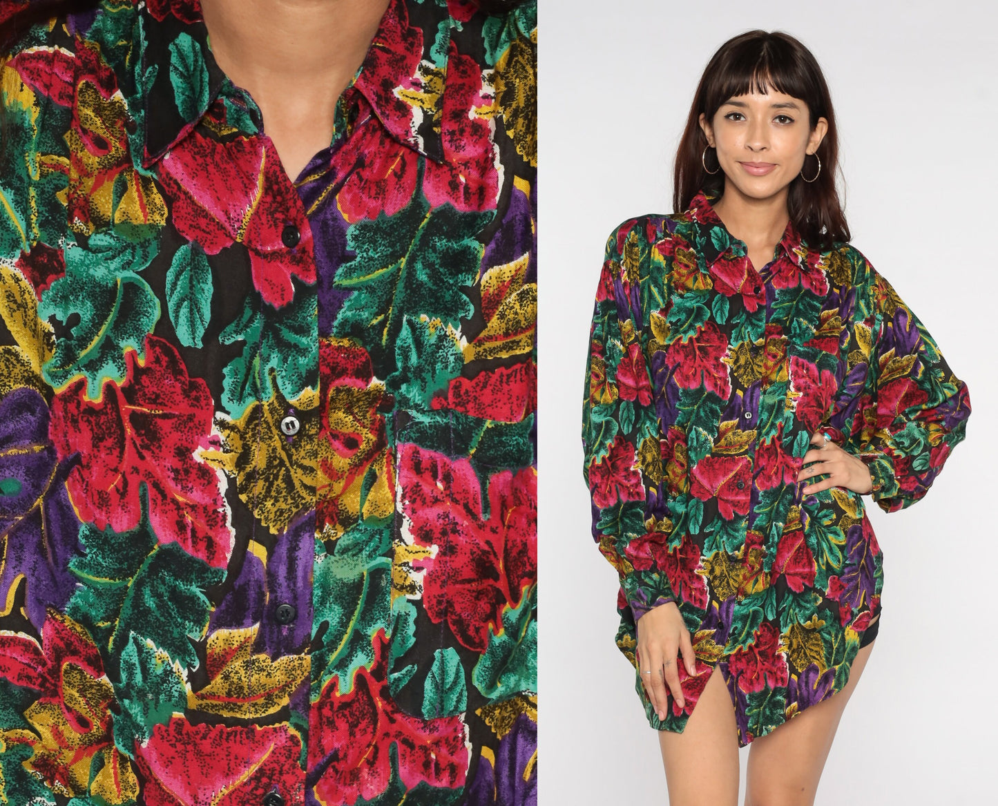 80s Tropical Floral Button-Up Blouse Dark Print Long Sleeve Collared Shirt Large L