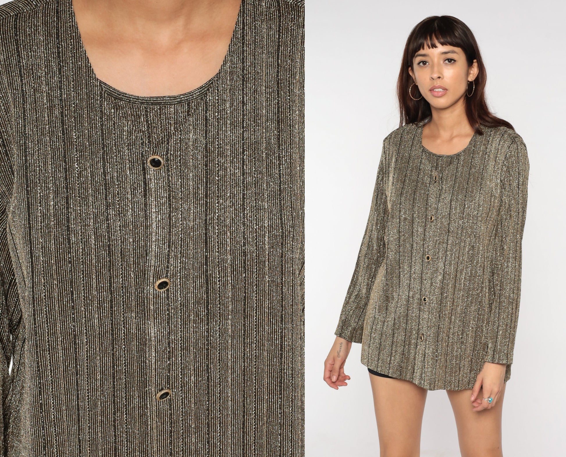 80s Metallic Bronze Cardigan Set Attached Blouse Sparkly Long Sleeve Button Up Large