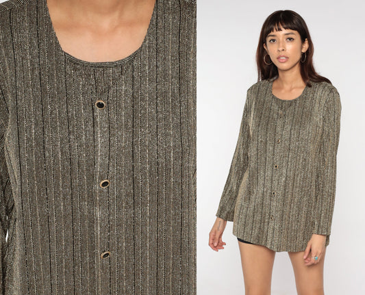80s Metallic Bronze Cardigan Set Attached Blouse Sparkly Long Sleeve Button Up Large