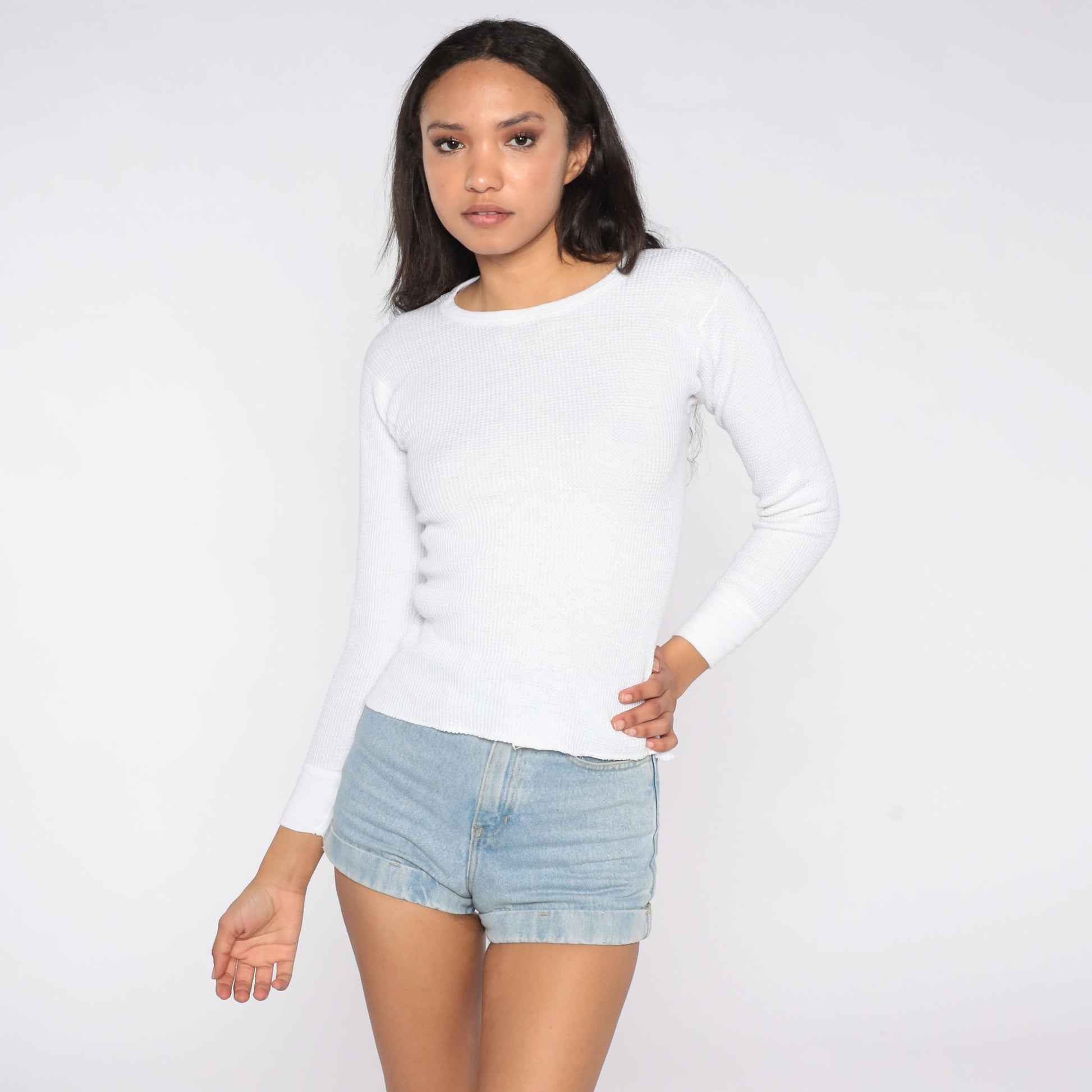 80s White Waffle Knit Thermal Long Sleeve Undershirt Small