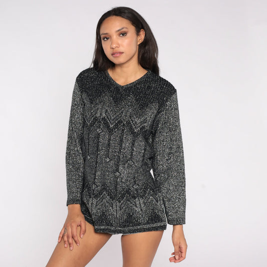 90s Metallic Black Sparkly Knit Top V Neck Long Sleeve Large