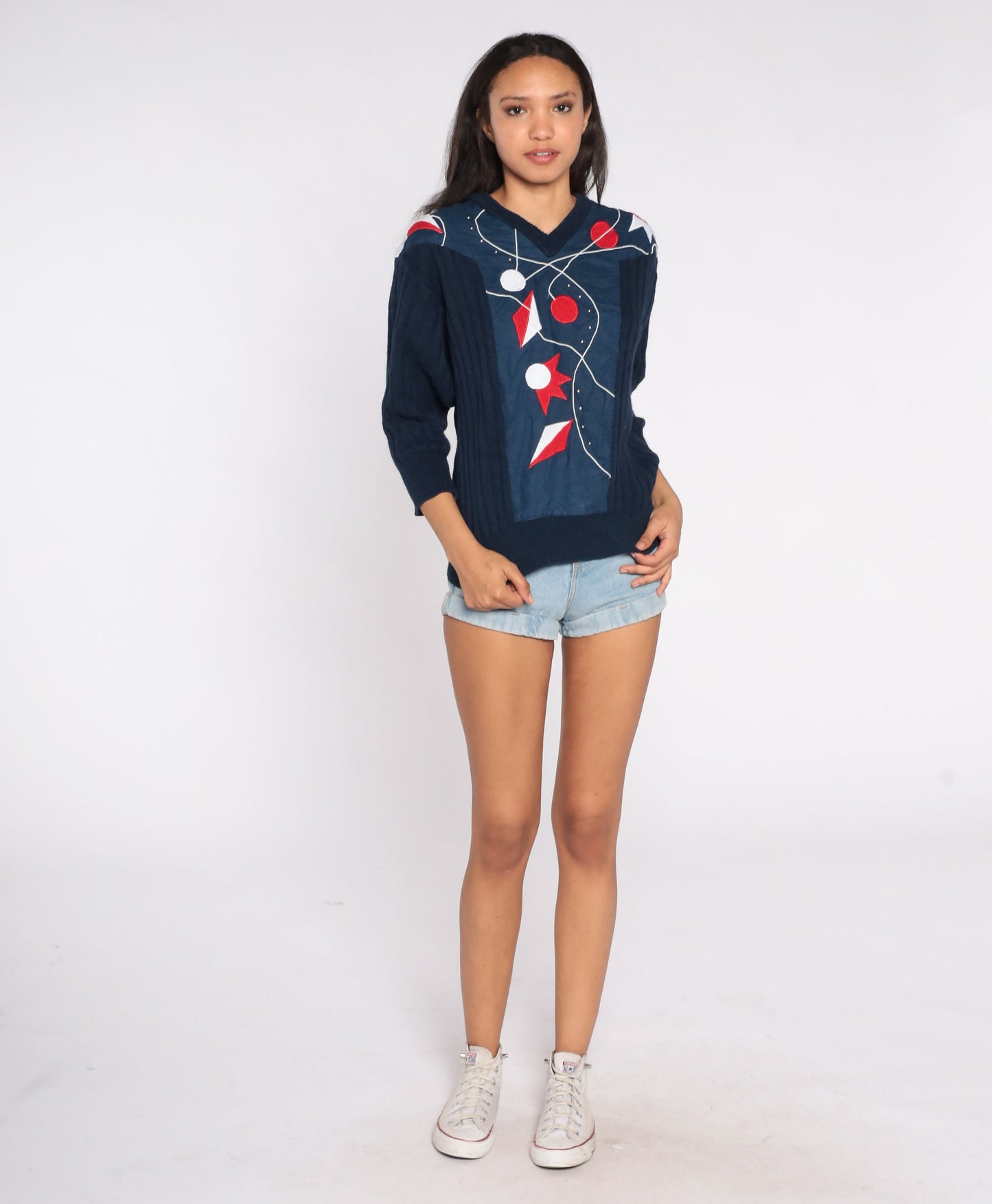 80s Navy Embroidered Abstract Geometric Sweater V-Neck Knit Pullover Medium