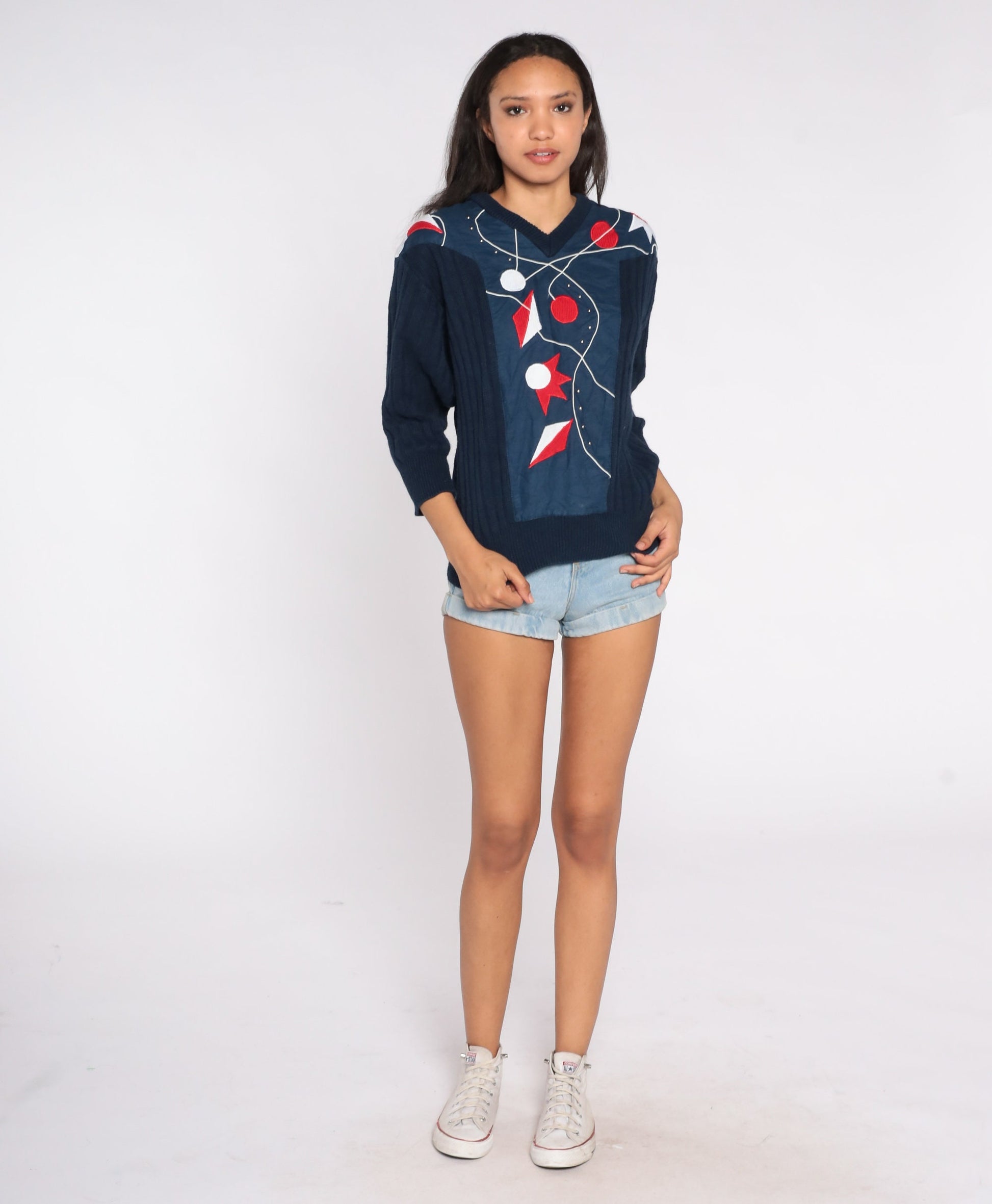 80s Navy Embroidered Abstract Geometric Sweater V-Neck Knit Pullover Medium