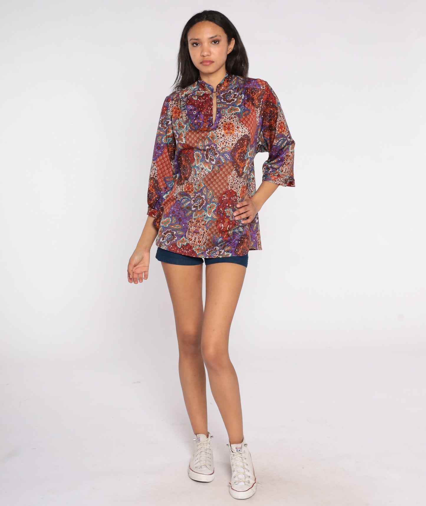 70s Paisley Floral Blouse Keyhole Neck 3/4 Sleeve Patchwork Top Large