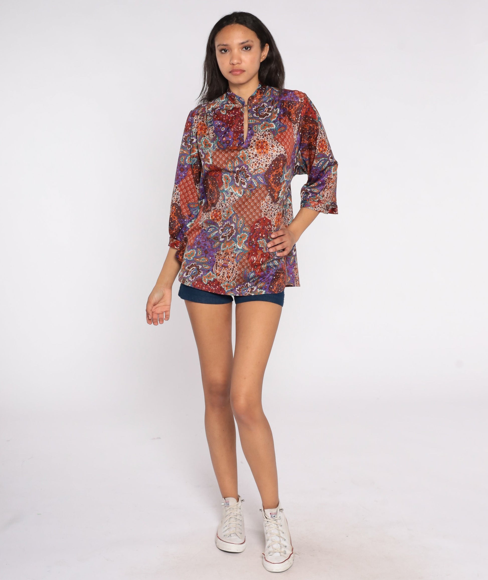 70s Paisley Floral Blouse Keyhole Neck 3/4 Sleeve Patchwork Top Large