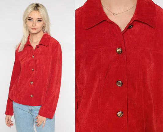 90s Red Button-Up Jacket Collared Lightweight Preppy Medium M