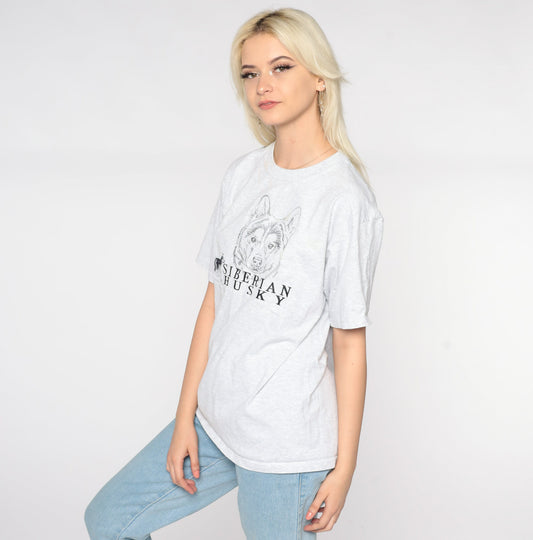 90s Siberian Husky Graphic T-Shirt Embroidered Dog Tee Medium
