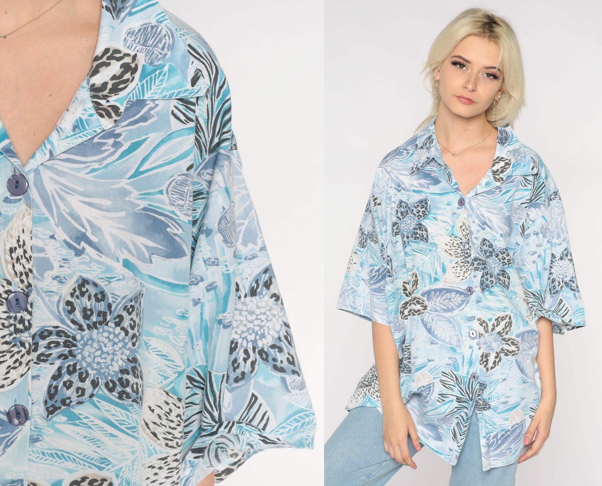 90s Blue Tropical Floral Hawaiian Button-Up Shirt Plus Size XXL