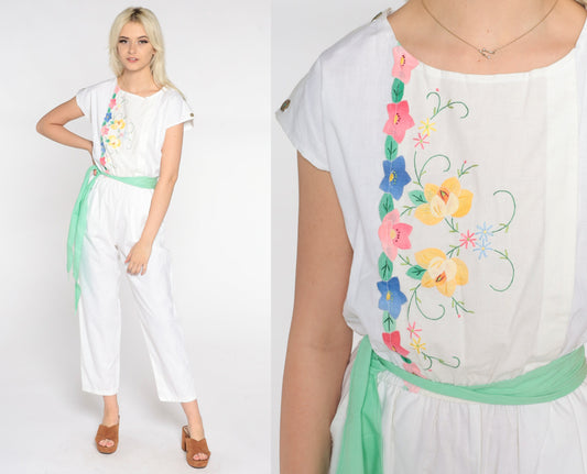 80s White Floral Embroidered Jumpsuit High Waist Tapered Leg Cap Sleeve Medium