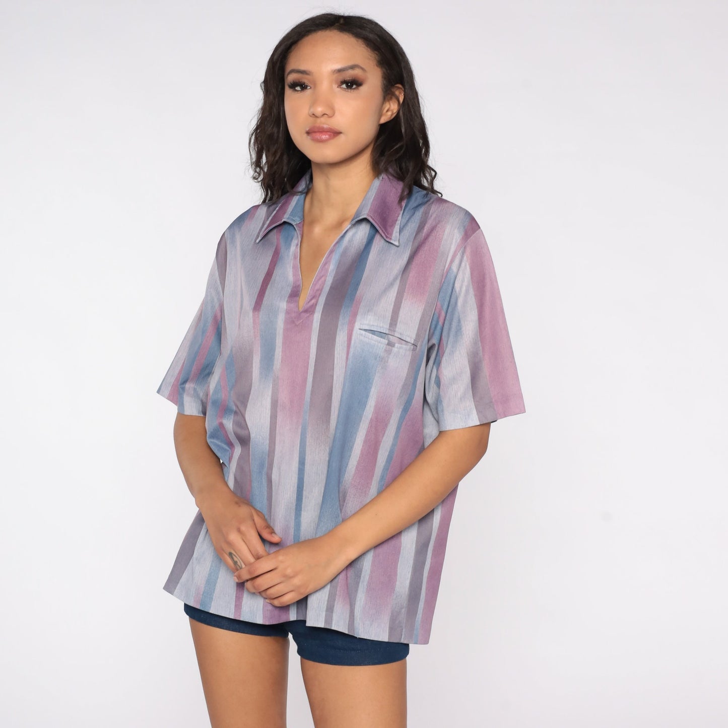 70s Striped V-Neck Blouse Purple Blue Short Sleeve Small