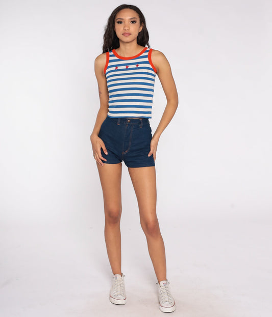 70s Starfish Tank Top White Blue Striped Ringer Tee XXS