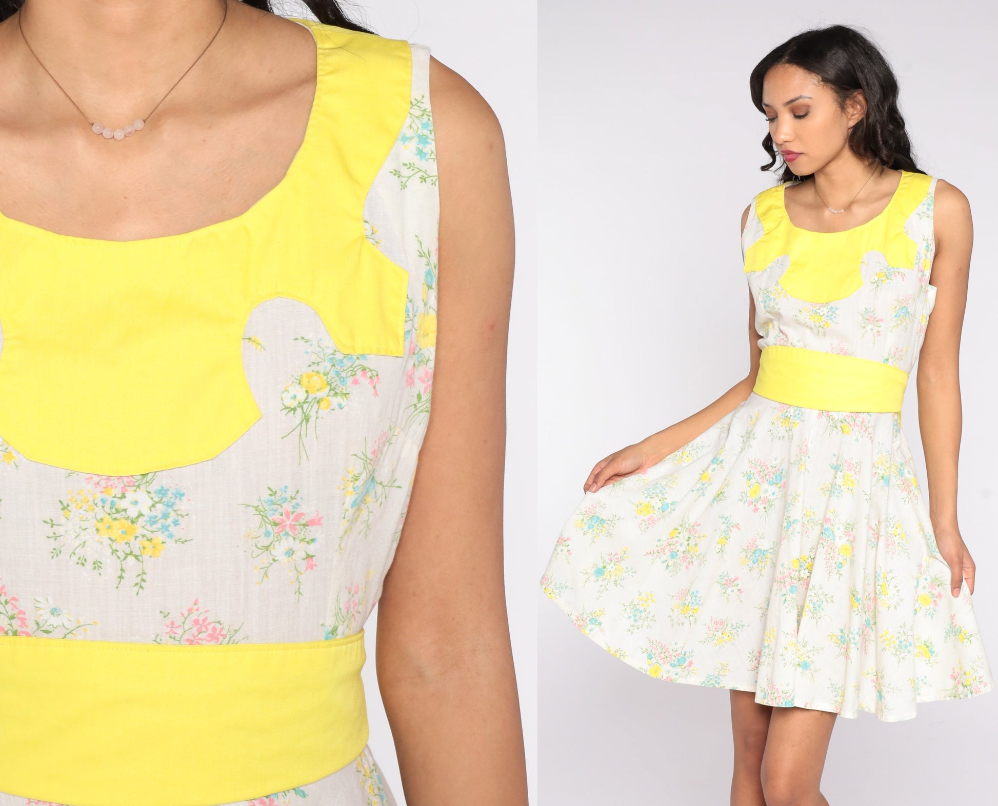 60s Floral Mini Dress Yellow Empire Waist Sleeveless Calico Print Medium
