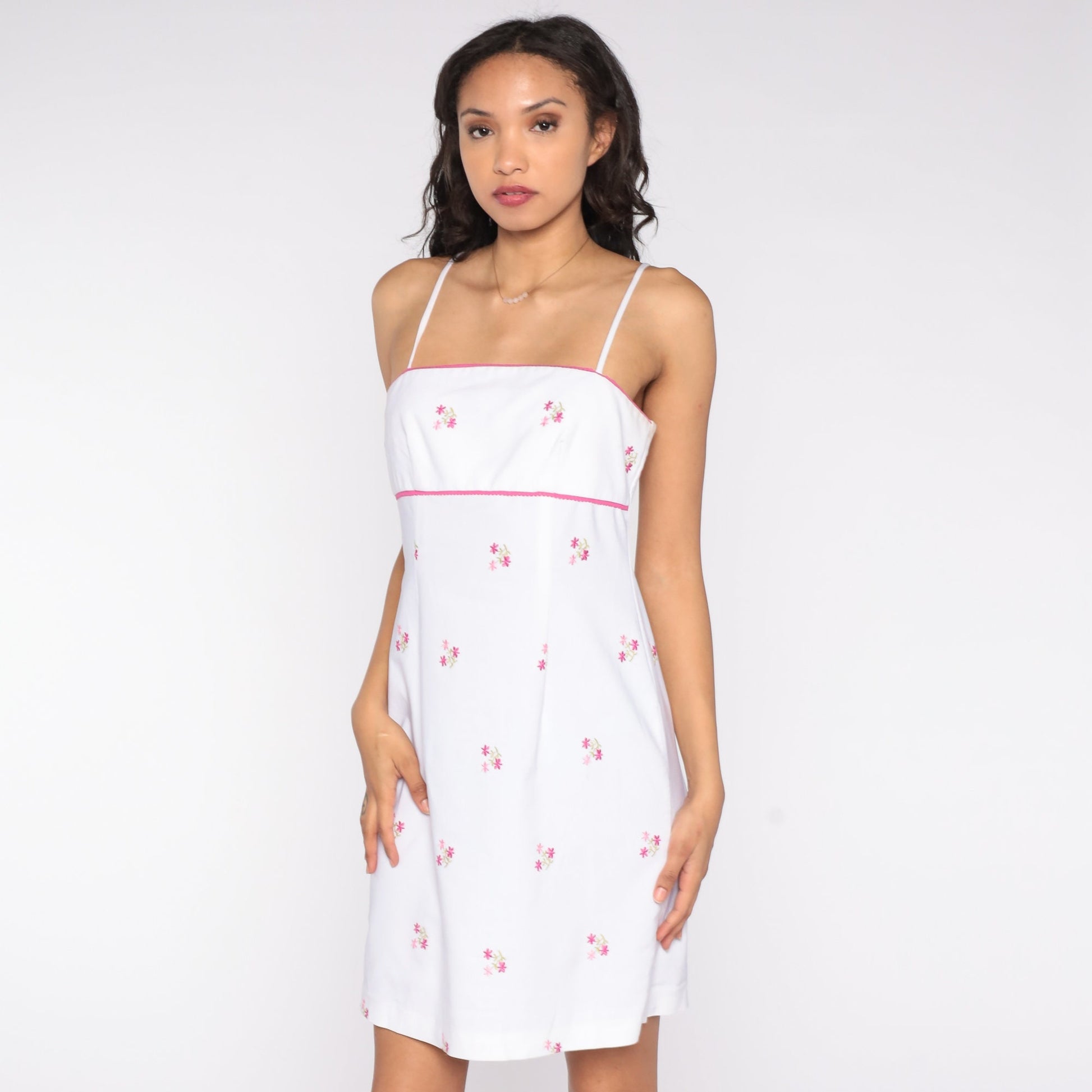 00s White Floral Embroidered Mini Dress Spaghetti Strap Shift Medium M
