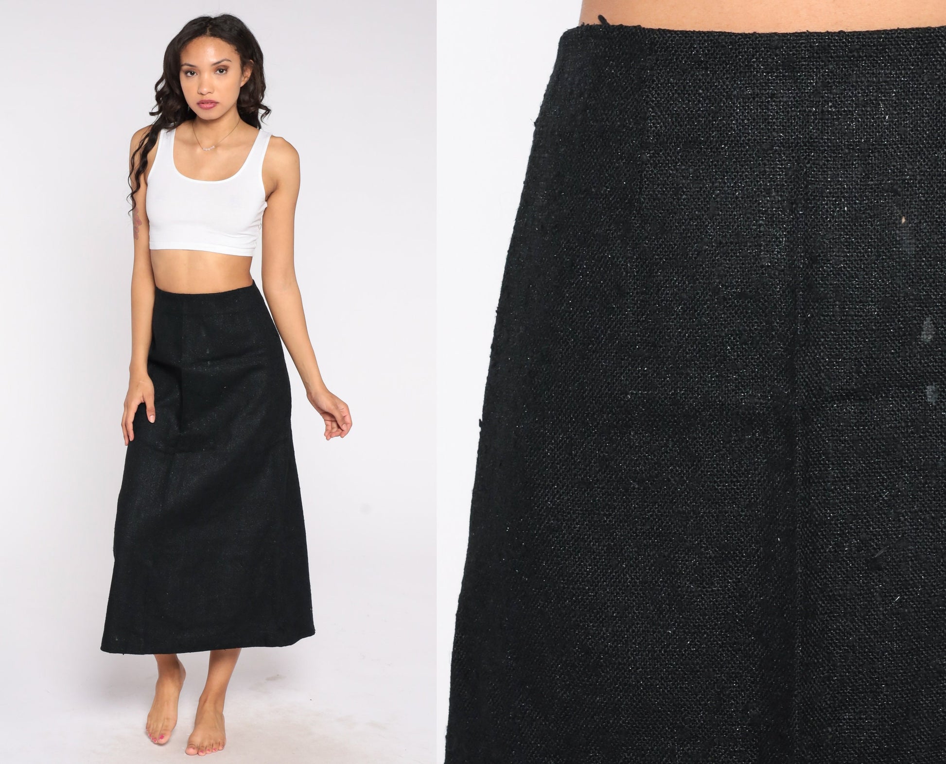 60s Black Tweed Maxi Skirt High Waist Back Zip Small