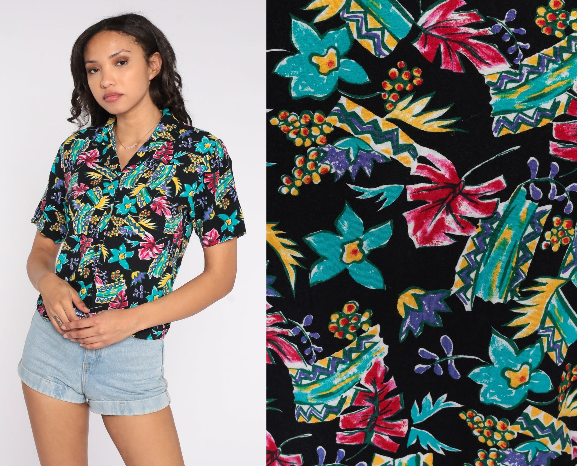 90s Black Tropical Floral Button-Up Shirt Short Sleeve Small S