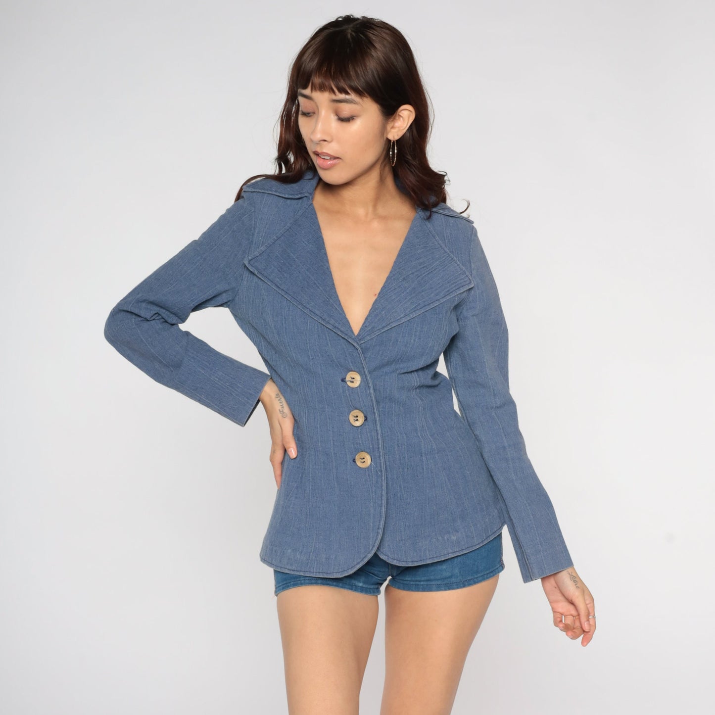 70s Blue Blazer Jacket Notched Collar Button-Up Medium M