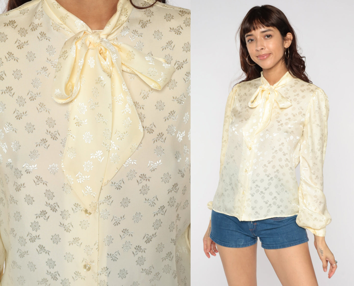 80s Cream Embossed Floral Blouse Ascot Bow Balloon Sleeve Button Up Small