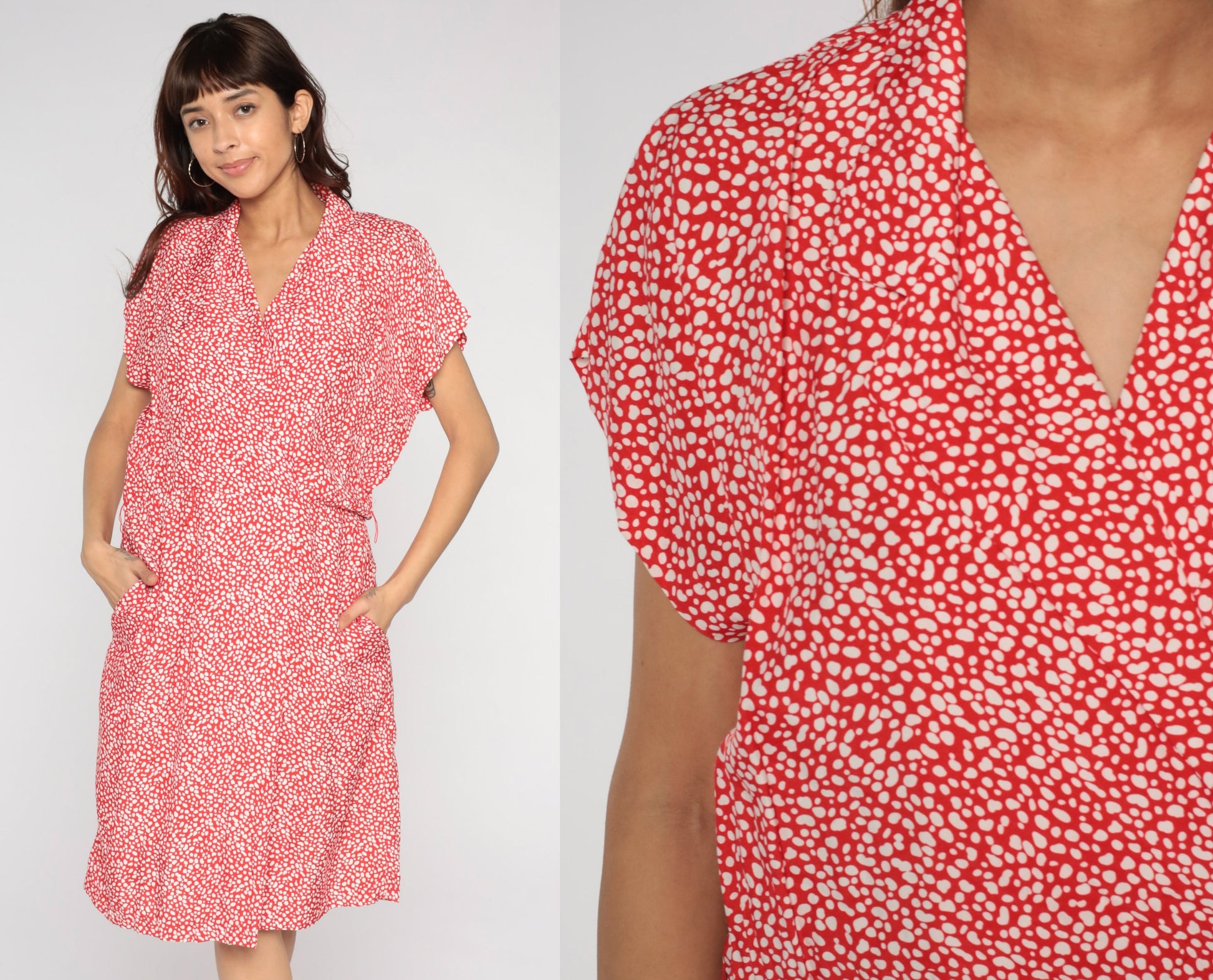 80s All That Jazz Midi Wrap Dress Red Pebble Print Pockets V-Neck Large 14