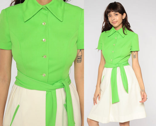 1970s Fred Rothschild Lime Green Mini Dress Pointed Collar Pockets Small