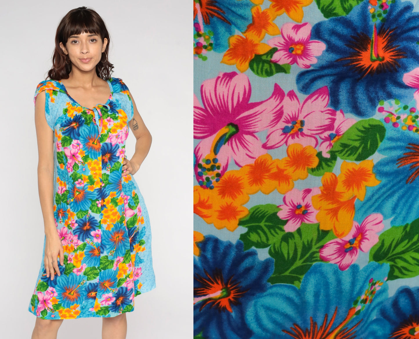 70s Hilo Hatties Hawaiian Shift Dress Blue Floral Tropical Tulip Sleeve Medium