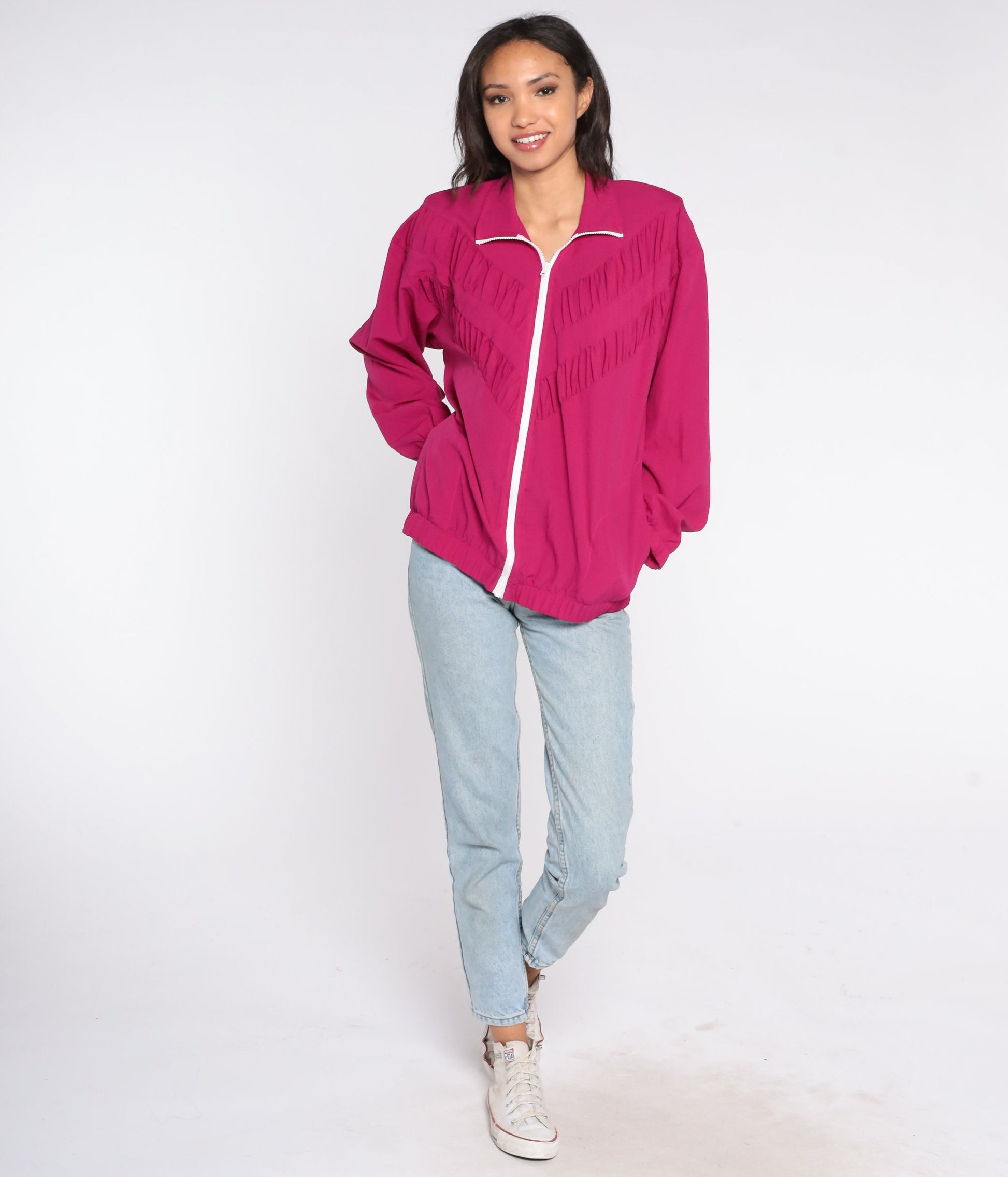 90s Fuchsia Zip Windbreaker Jacket Ruched Medium M