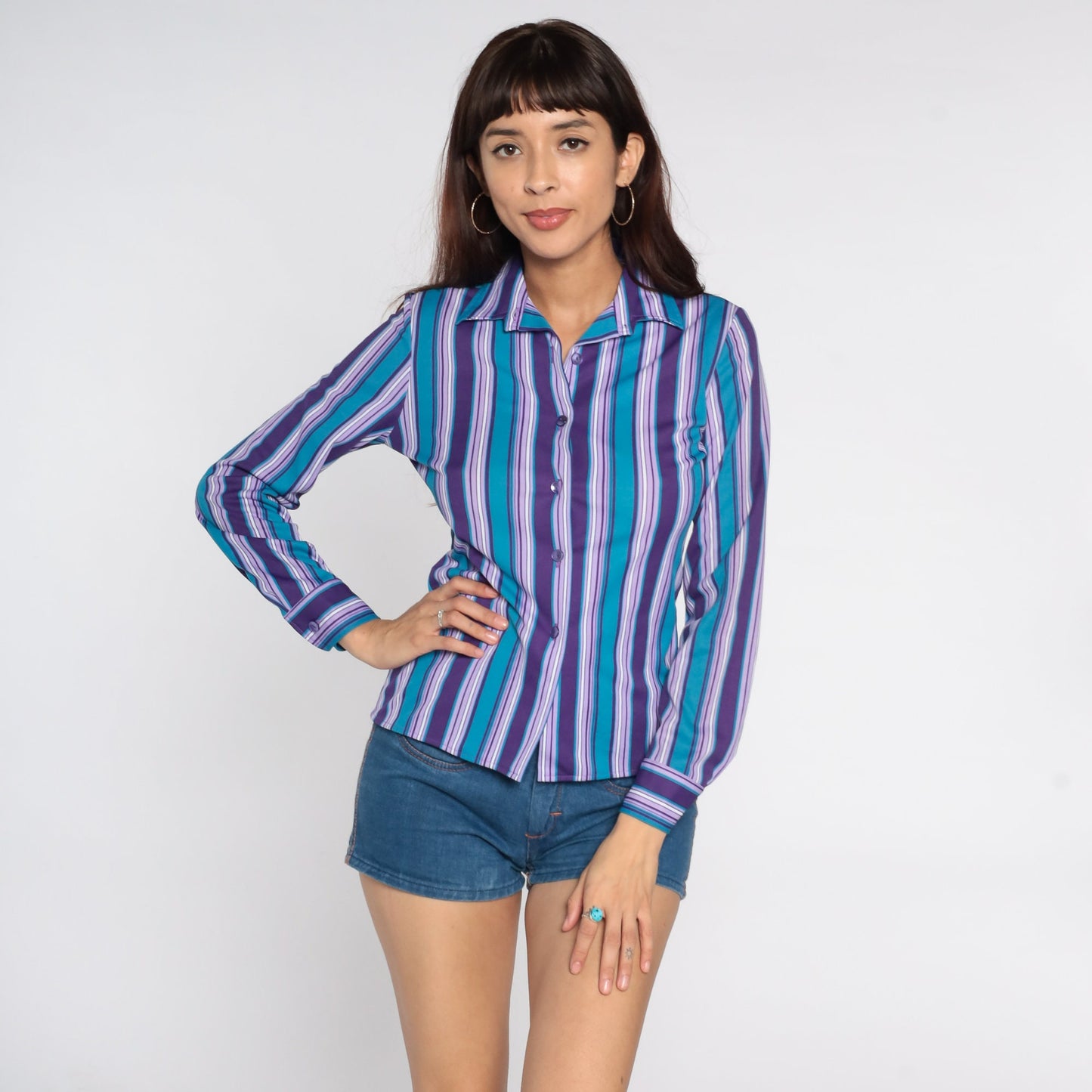 80s Striped Button-Up Blouse Purple Blue Long Sleeve Collared Shirt Small