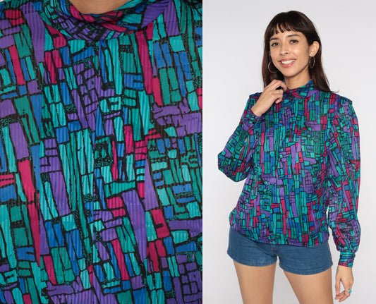 80s Geometric Mock Neck Blouse Long Sleeve Statement Top Medium