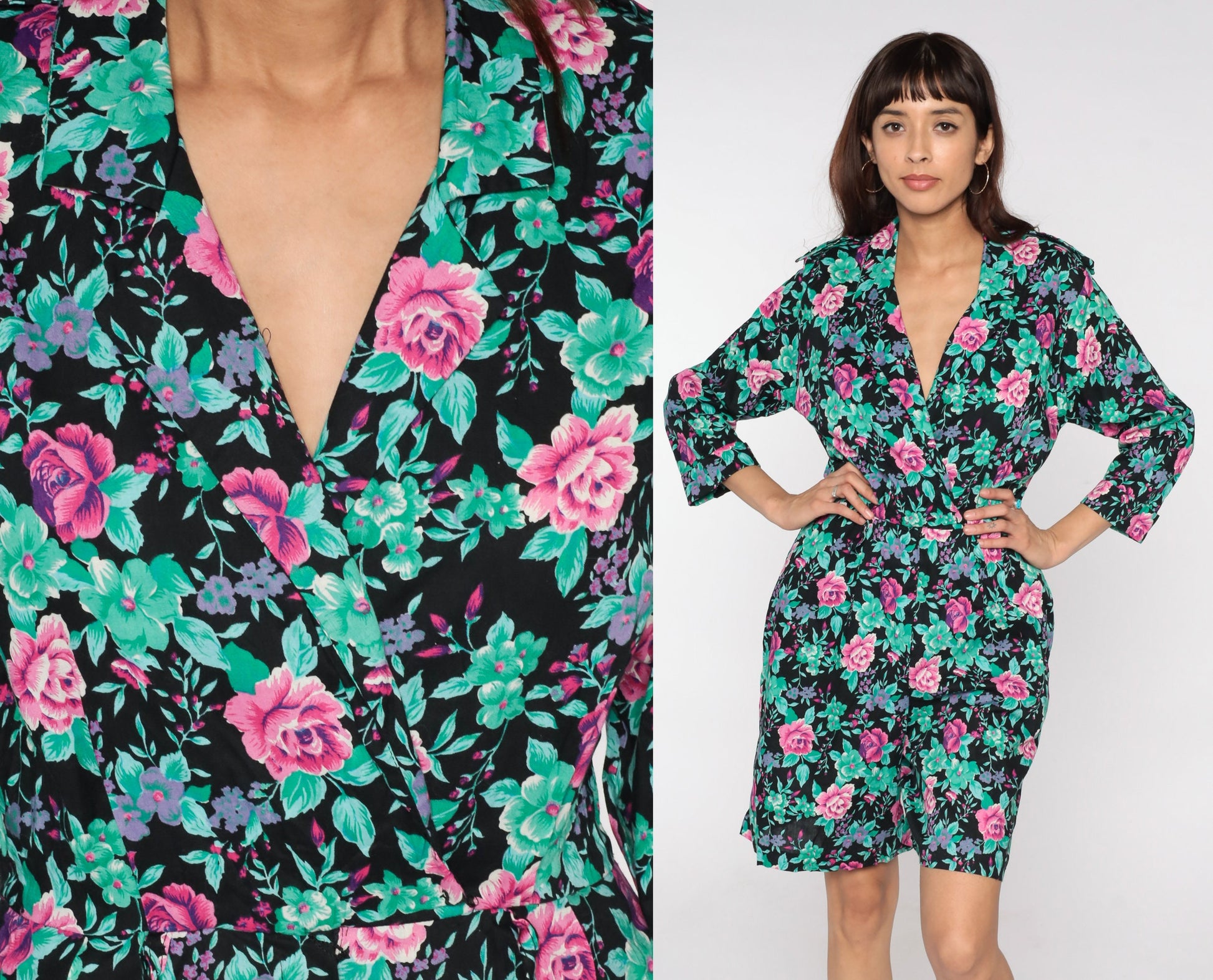 80s Floral Wrap Dress Black Pink Green Purple Mini High Waisted Small