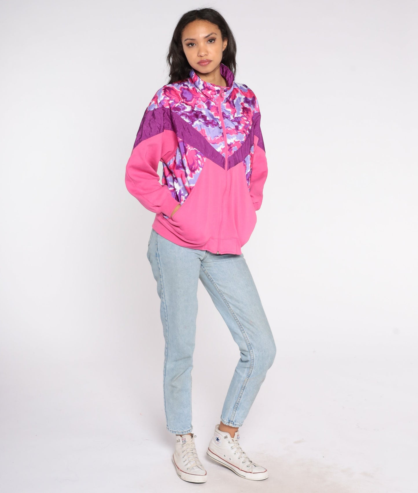 90s Pink Floral Color Block Zip Windbreaker Sweatshirt Medium M