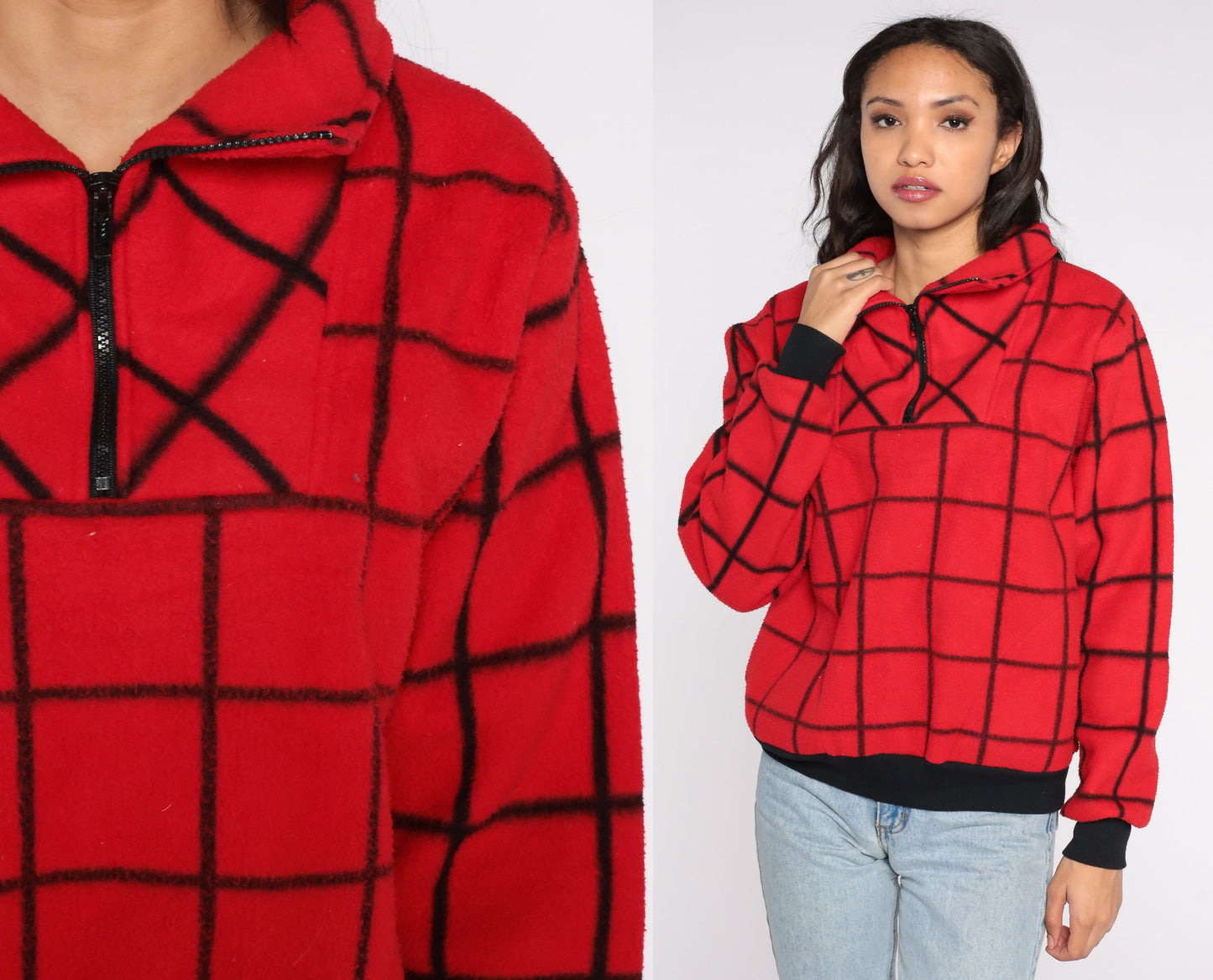 80s Le Tigre Red Checkered Fleece Quarter Zip Pullover Medium