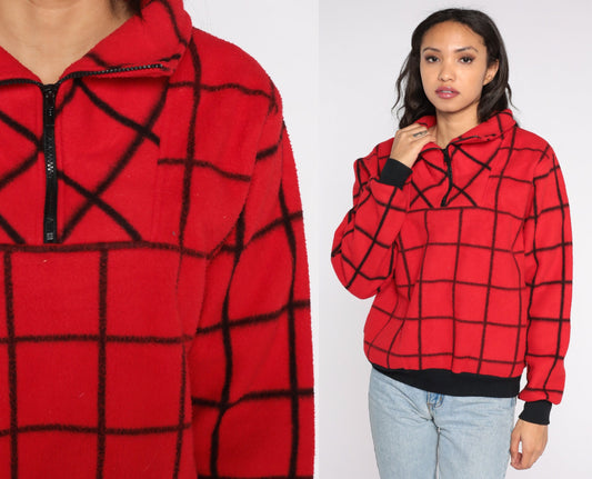 80s Le Tigre Red Checkered Fleece Quarter Zip Pullover Medium