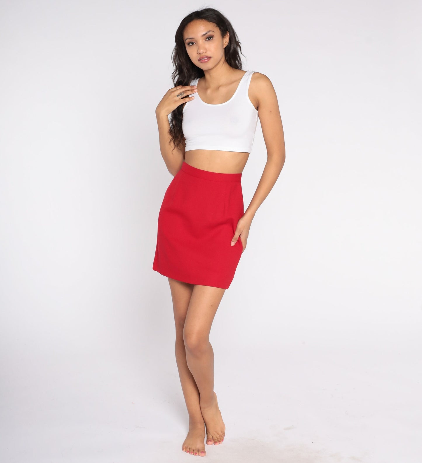 80s I Magnin Red Wool Pencil Skirt High Waist Mini Small