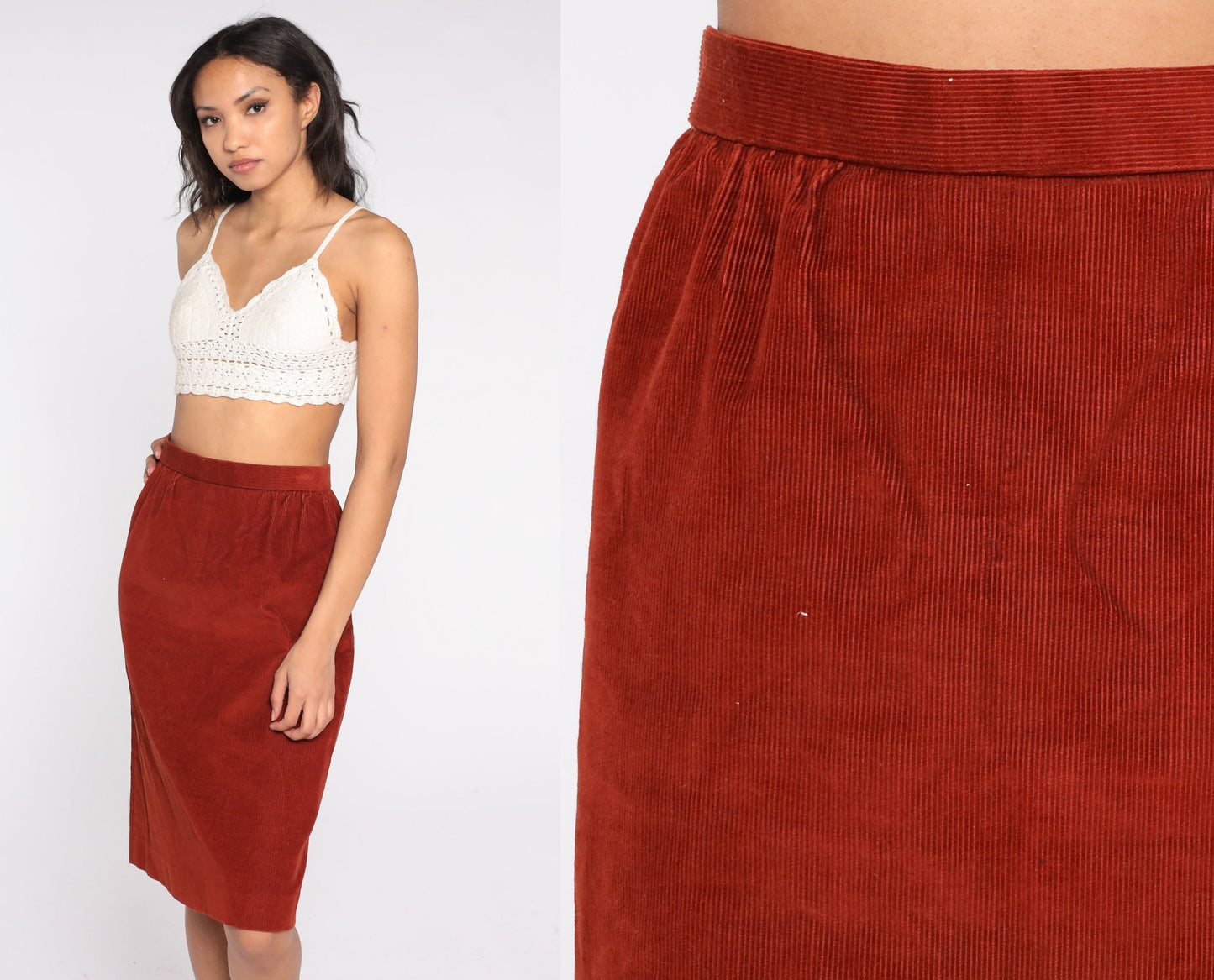 80s Rust Orange Corduroy Pencil Midi Skirt High Waist Small