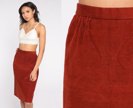 80s Rust Orange Corduroy Pencil Midi Skirt High Waist Small