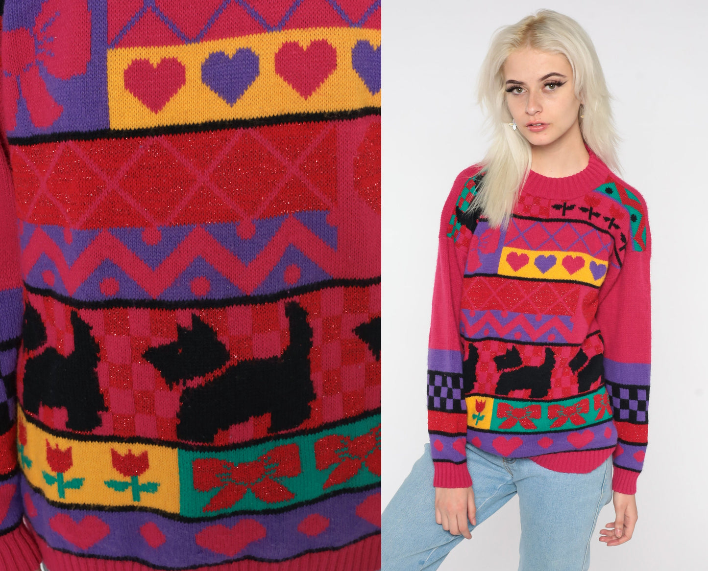80s Scottie Dog Knit Sweater Pink Geometric Hearts Flowers Bows Medium