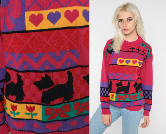 80s Scottie Dog Knit Sweater Pink Geometric Hearts Flowers Bows Medium