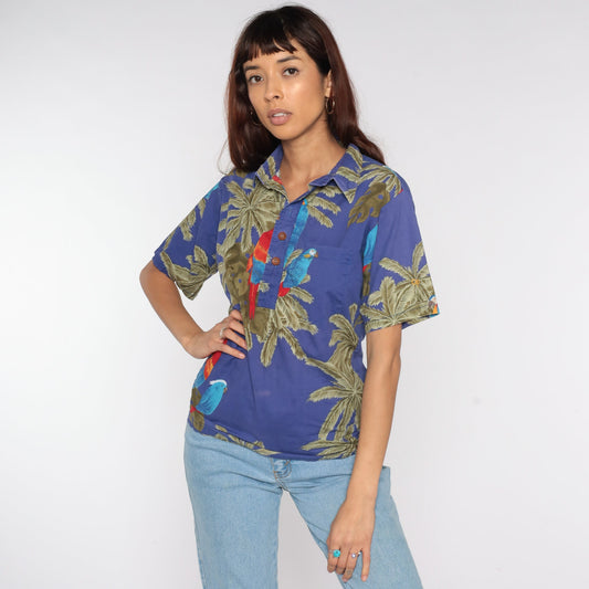 80s Ocean Pacific Tropical Polo Shirt Parrot Palm Leaf Print Small
