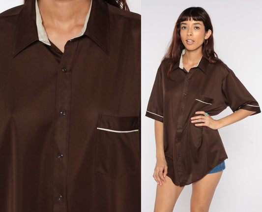 70s Brown Button-Up Shirt White Trim Short Sleeve Collared Men's Extra Large