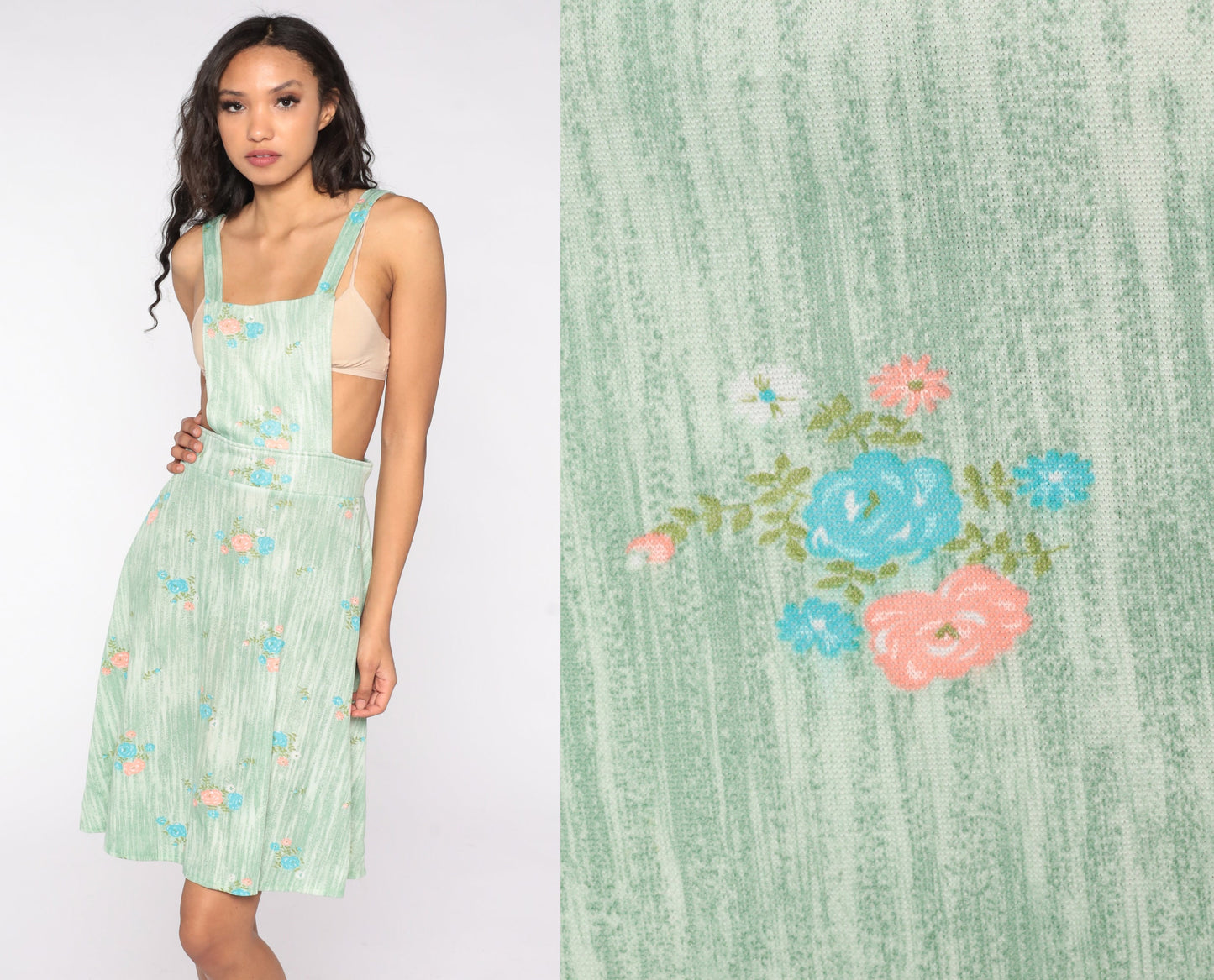 70s Green Floral Apron Dress Midi Pinafore Small