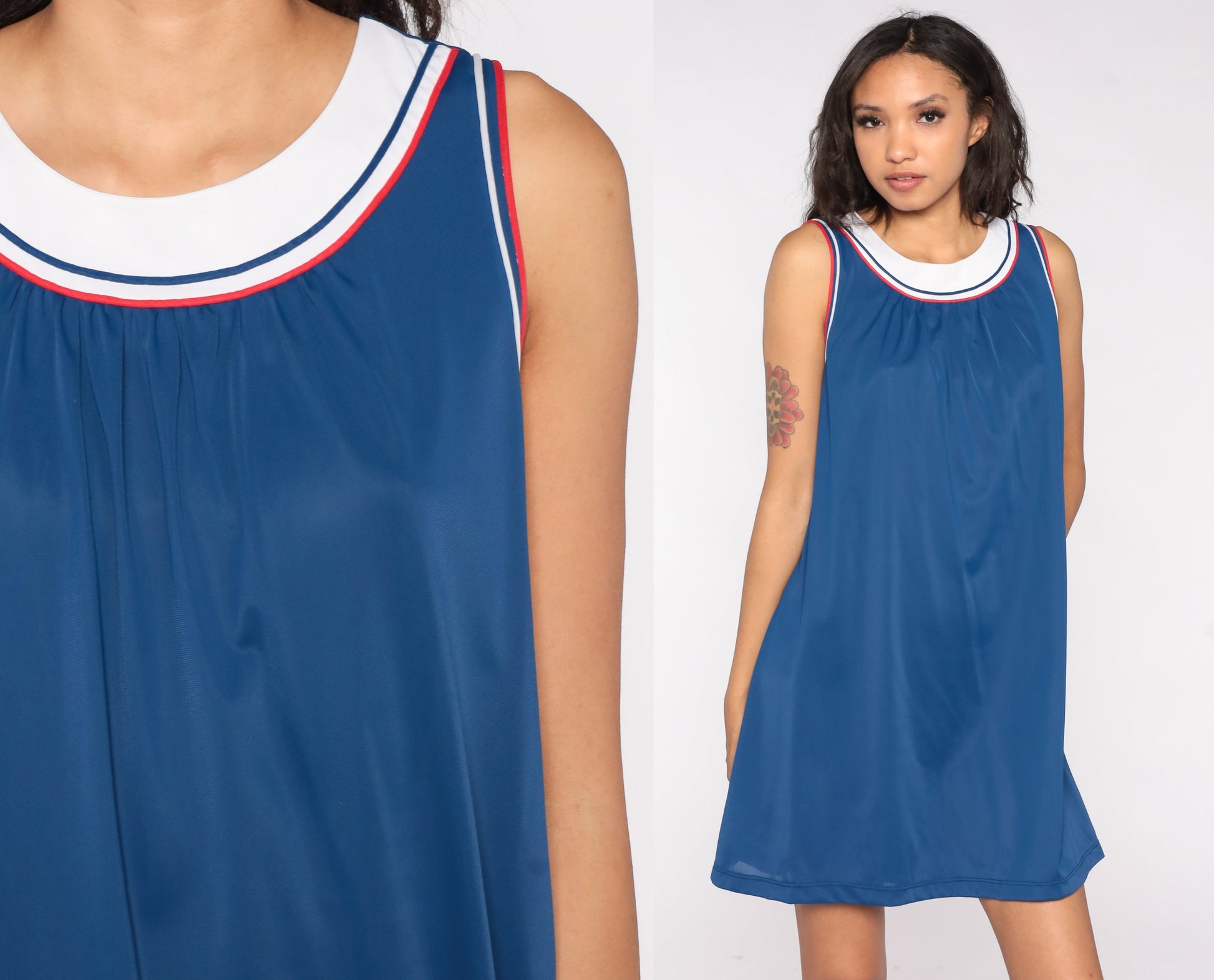 70s Blue Striped Nightgown Sleeveless Mini Lounge Dress Keyhole Back Large