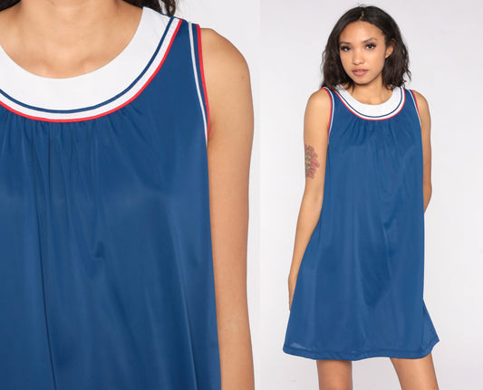 70s Blue Striped Nightgown Sleeveless Mini Lounge Dress Keyhole Back Large