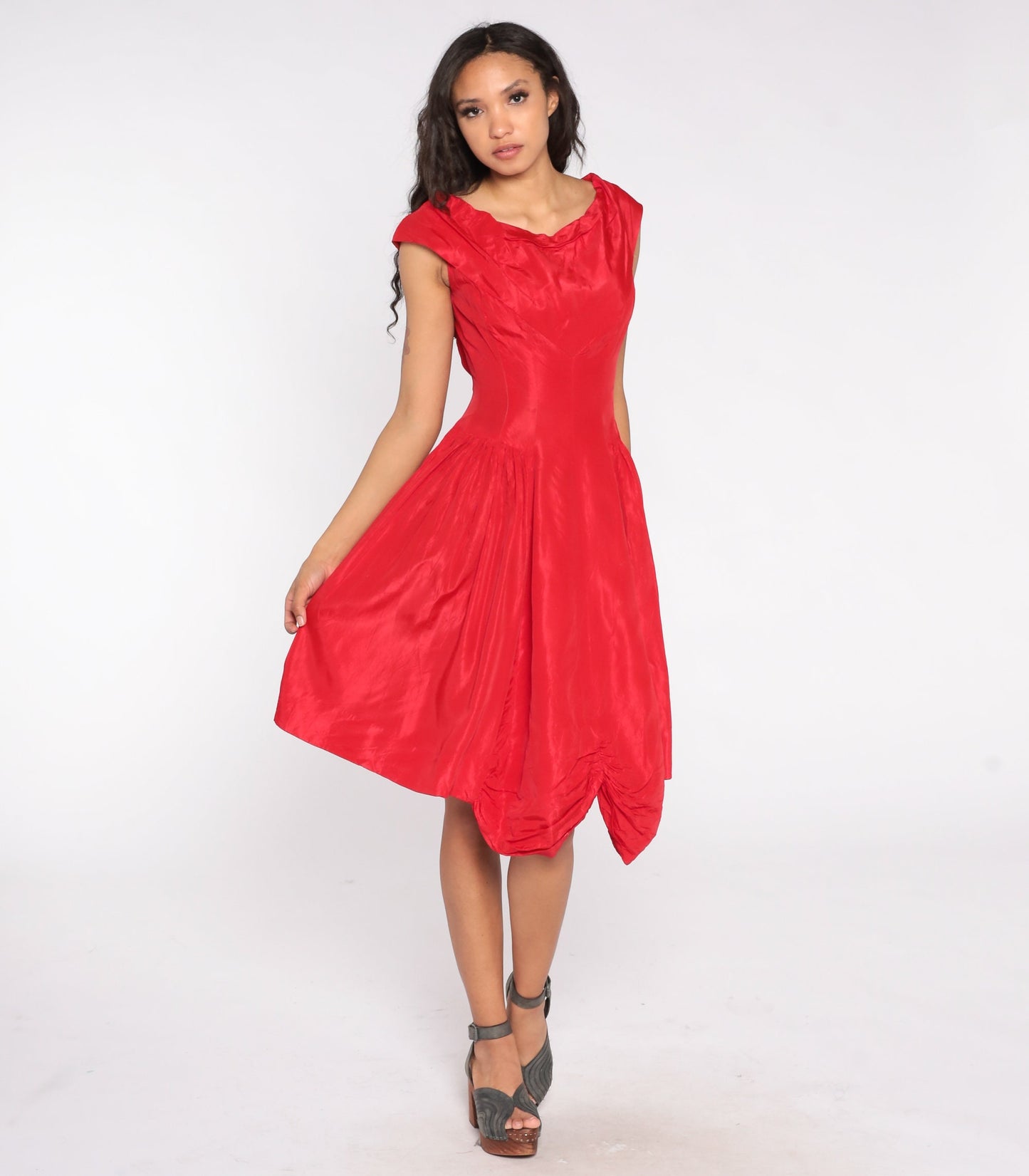 60s Red Cap Sleeve Party Dress Bow Back High Waist Mini Small