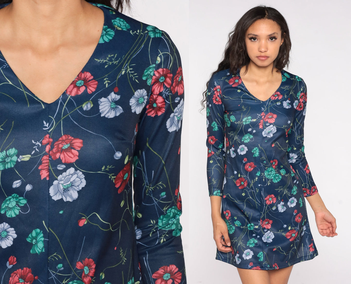 70s Floral Mini Dress Navy Blue V Neck Long Sleeve Shift Small S