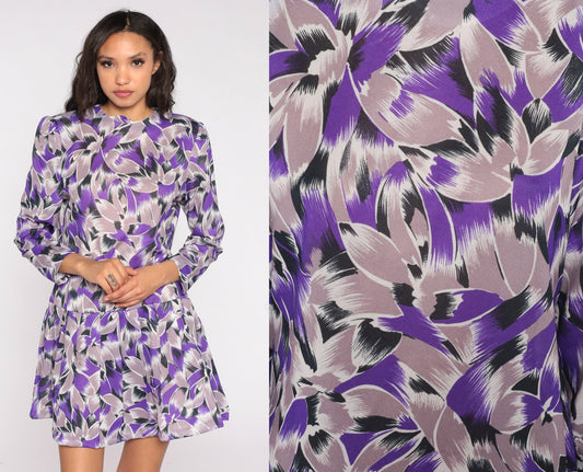 80s Purple Abstract Floral Mini Dress Puff Sleeve Drop Waist Large L
