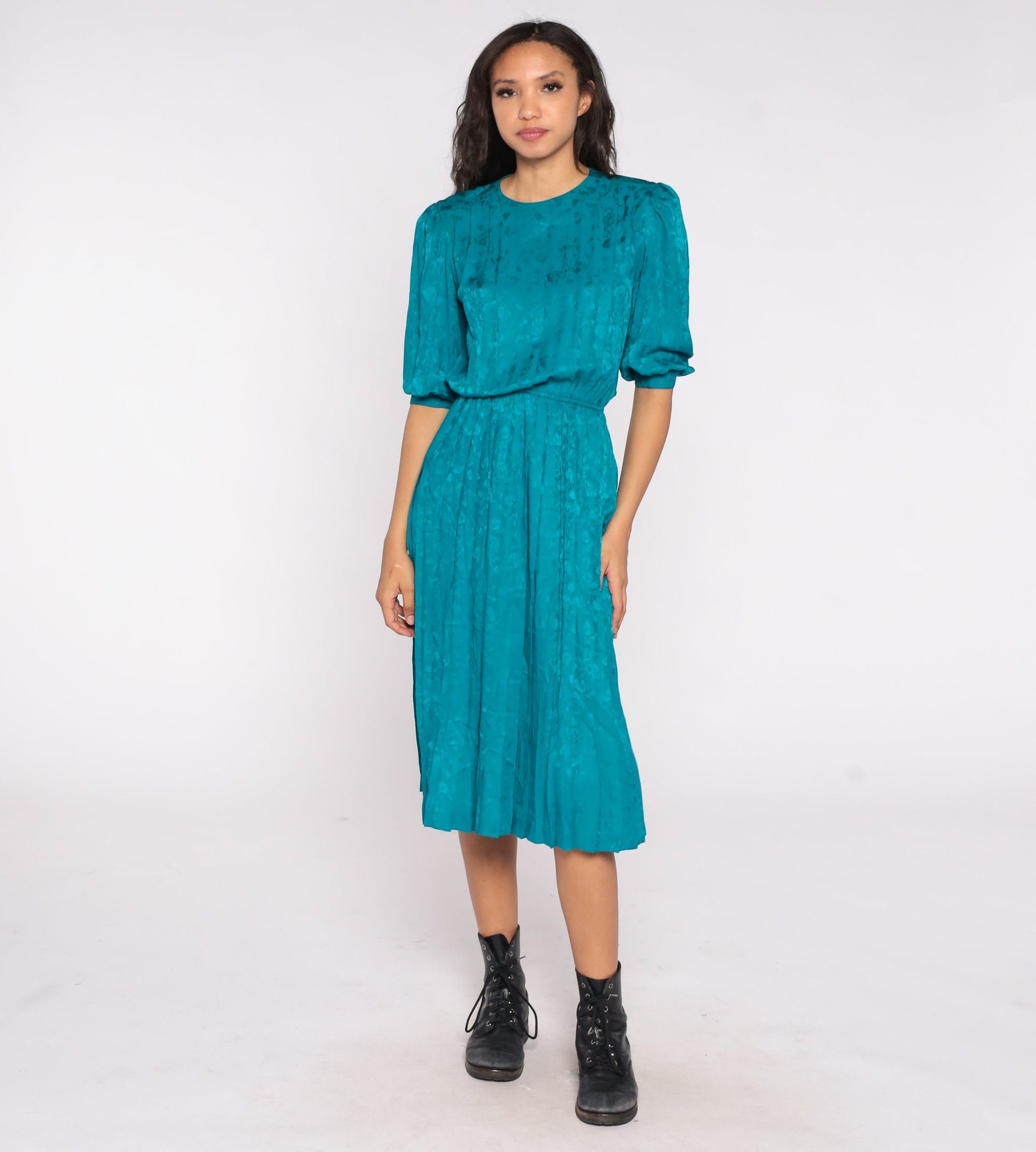90s Teal Silk Midi Dress Puff Sleeve High Waist Pleated Floral Small