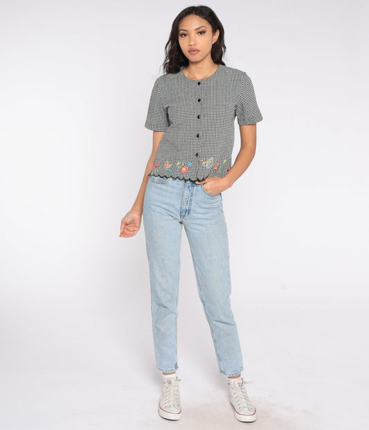 90s Black Gingham Button-Up Blouse Floral Embroidered Scalloped Hem Small