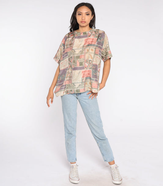 90s Silk Blouse Abstract Floral Patchwork Print Short Sleeve Pink Purple Extra Large XXL