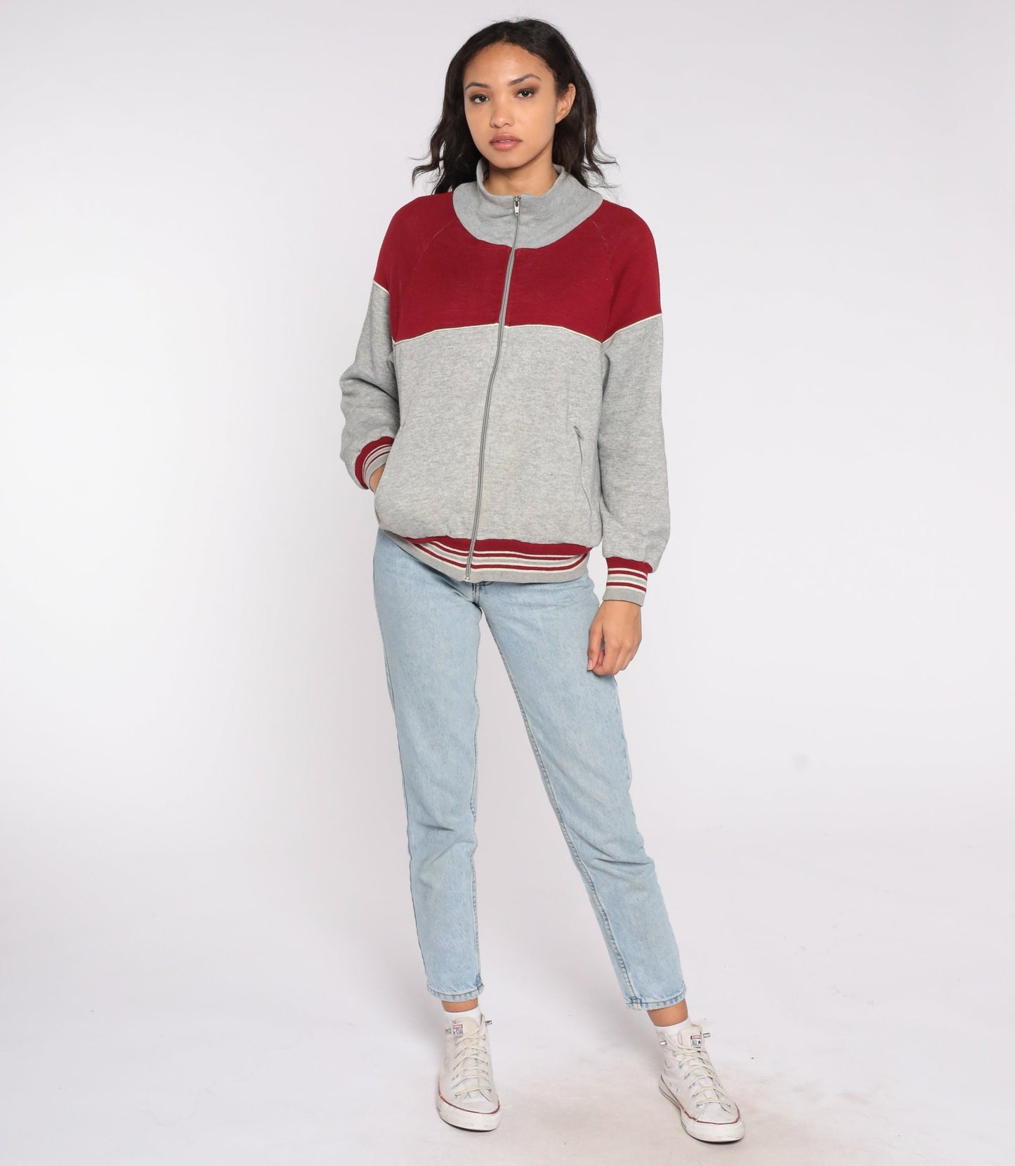 80s Track Jacket Red Grey Color Block Zip Up Medium