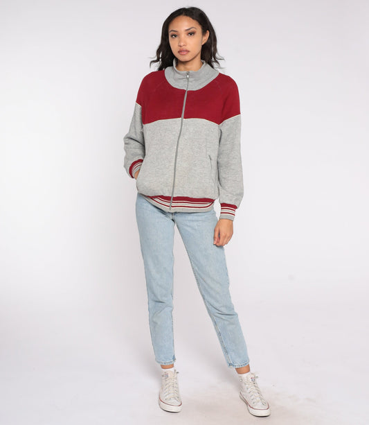 80s Track Jacket Red Grey Color Block Zip Up Medium