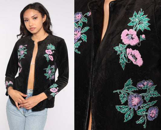 80s Black Velvet Floral Embroidered Open Front Blazer Small